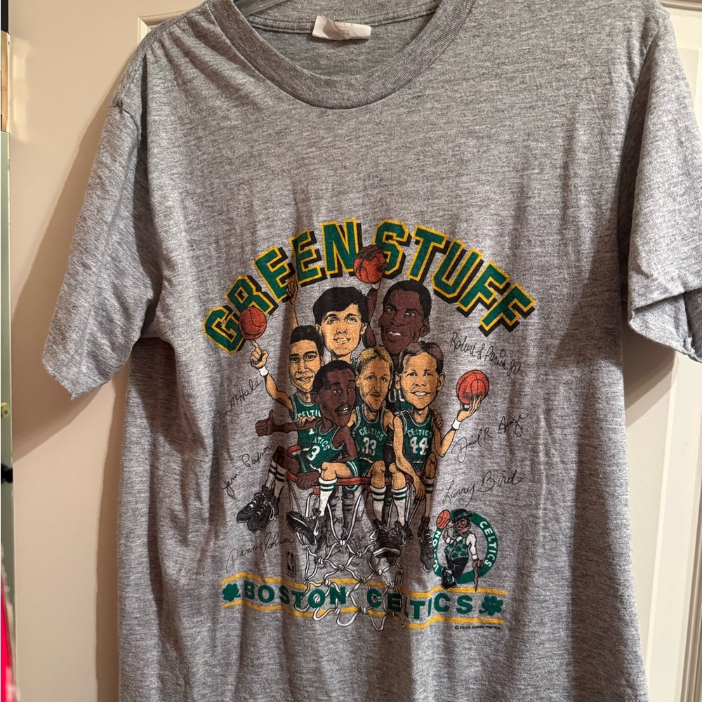Vintage Grey Salem Green Stuff BOSTON CELTICS Mens NBA Team Shirt Size Large